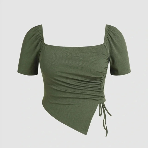 Asymmetrical Hem Drawstring Short Sleeve Tee​ - Picture 1 of 9